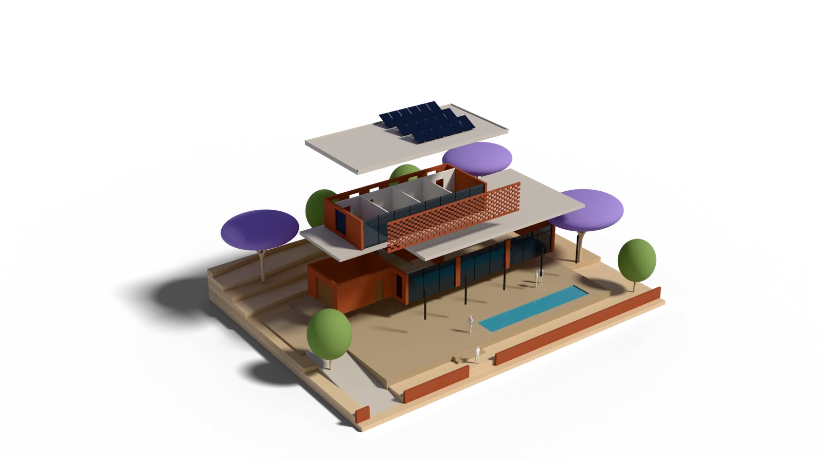 The same model taken apart in five layers: the roof lifted highest, the brick screen pulled forward, the upper floor with its four bedrooms, the ground floor and the stone plinth.