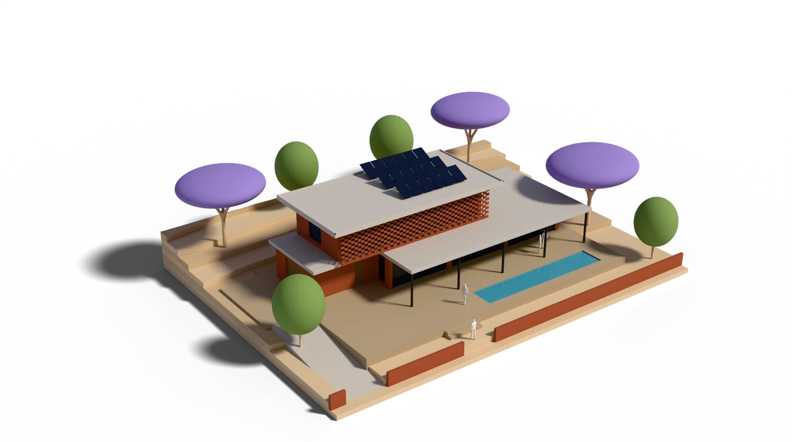 A presentation model of a two-storey house on a sloping birch base: face-brick walls, a thin concrete roof with solar panels, a brick screen across the upper floor, a long veranda on slender dark columns and a blue lap pool, with violet jacaranda and green model trees and small white figures.
