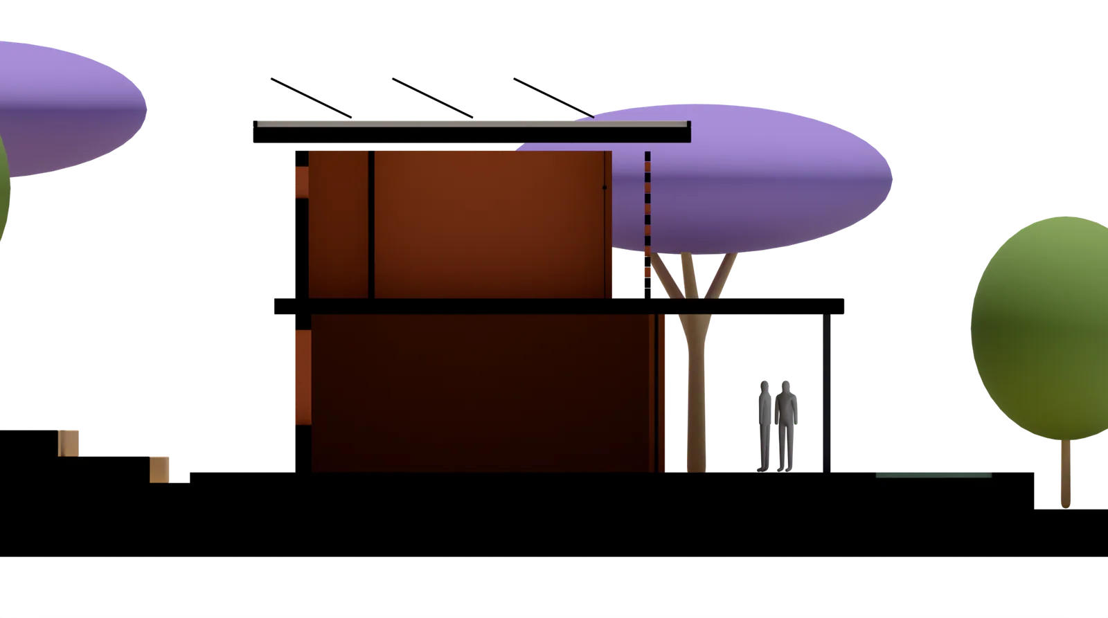 A section through the house at noon on 21 December: the sun almost overhead, the bedroom glass in the shade of the roof edge.