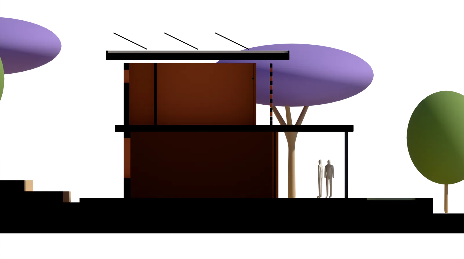 A section through the house at noon on 21 June: the low sun coming in under the roof edge and through the brick screen onto the bedroom floor.