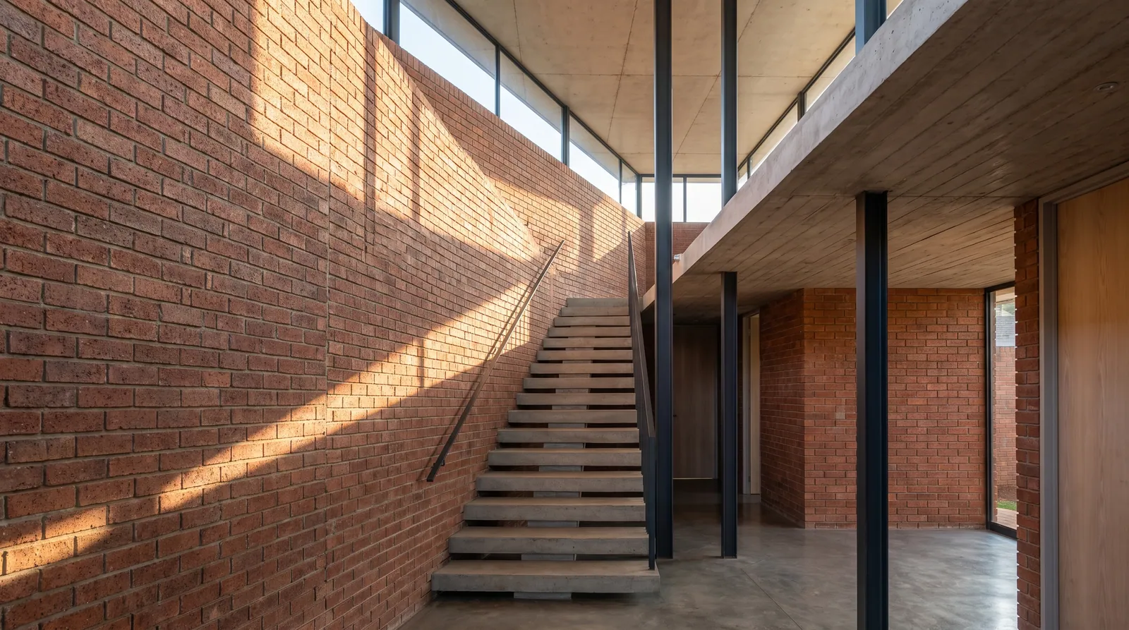 A concrete stair rising along a tall brick wall, lit by a band of clerestory glass, a diagonal band of sun across the brick.