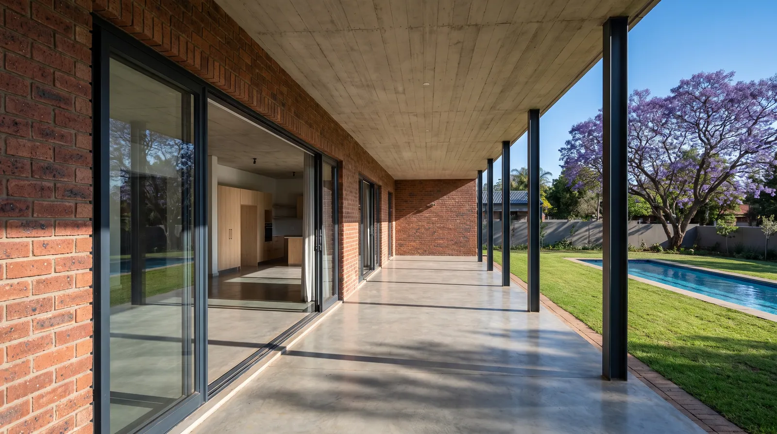 The covered stoep: face brick piers and open glass doors on the left, slender steel columns, a lawn, a lap pool and a jacaranda in flower on the right.
